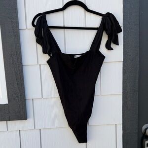 Free People Intimates Black Tie-Shoulder Thong Bodysuit with Chest V Cutout